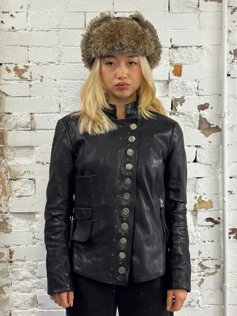 2000s Marithé + François Girbaud Black Asymmetrical Buttoned Leather Jacket HzzdRkc 1