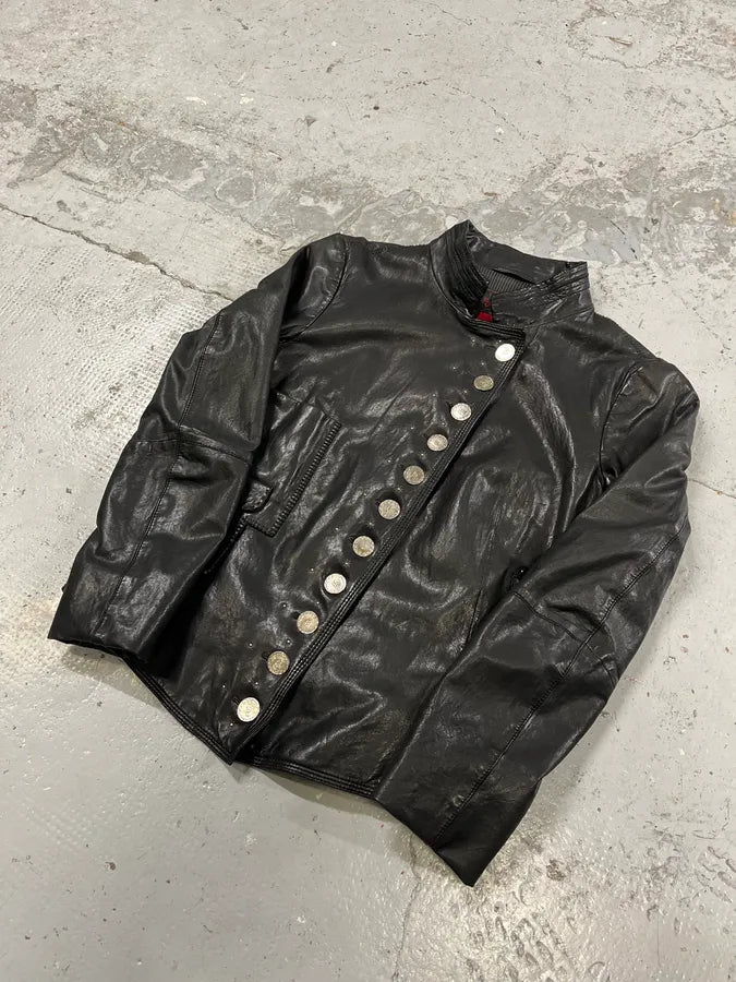 2000s Marithé + François Girbaud Black Asymmetrical Buttoned Leather Jacket HzzdRkc 3