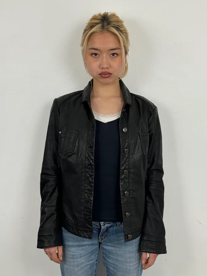 2000s Marithé + François Girbaud Black Buttoned Modern Leather Jacket qgWikXB 1