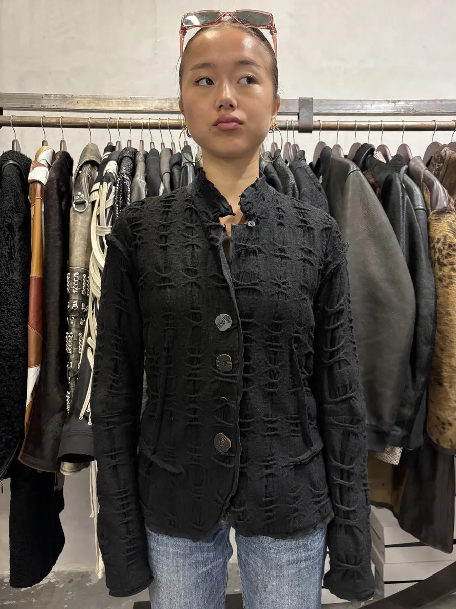 2000s Marithé + François Girbaud Black Distressed Wool Buttoned Cardigan Blazer (M/L) DgxxpXE 2