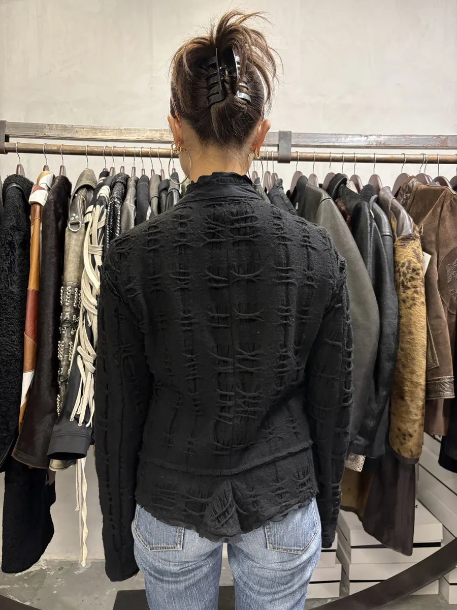 2000s Marithé + François Girbaud Black Distressed Wool Buttoned Cardigan Blazer (M/L) DgxxpXE 3