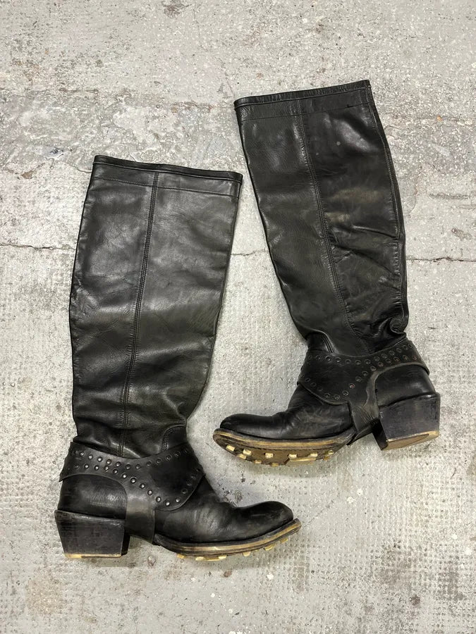 2000s Marithé + François Girbaud Black Embellished Rock Ankle Leather Boots (37eu/us5) ChBvUzT 2