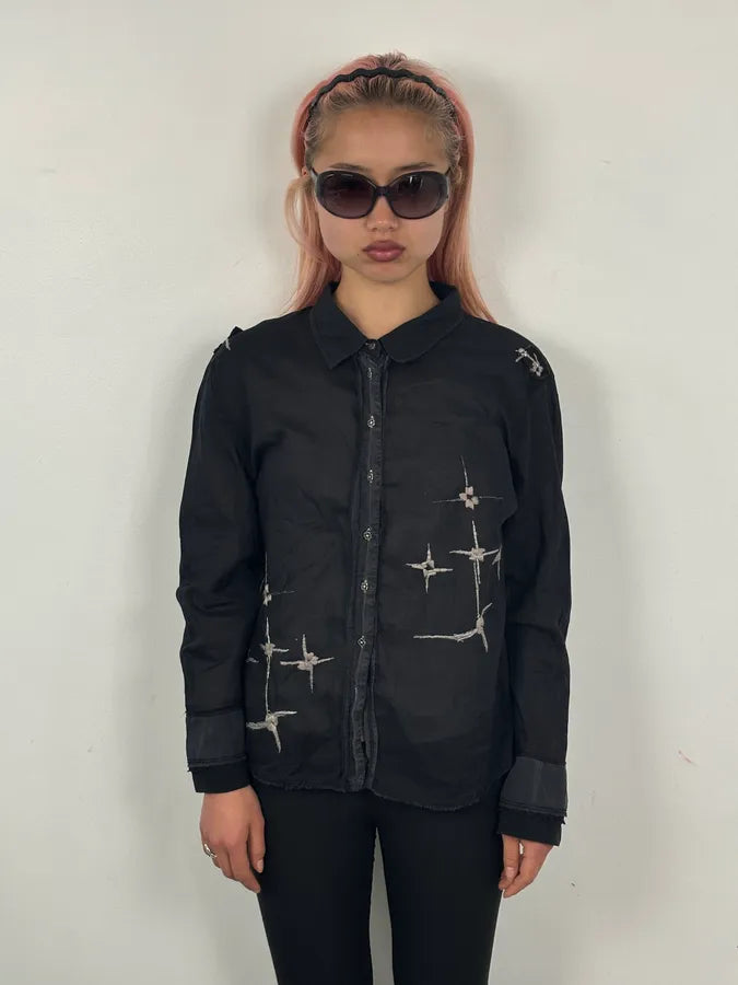 2000s Marithé + François Girbaud Black Embroidered Star Shirt QRltsXg 1