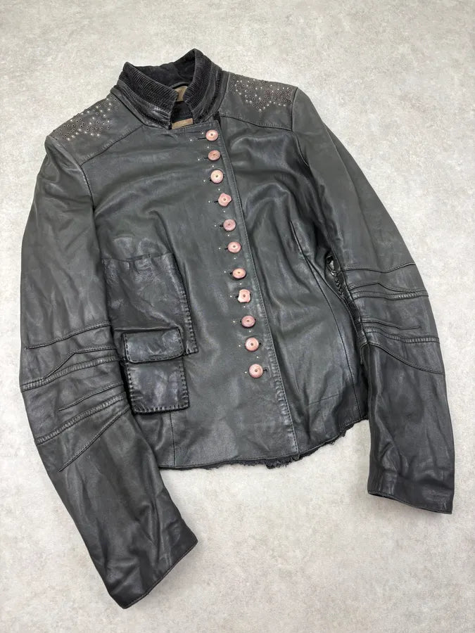 AW2003 Marithé + François Girbaud Black Buttoned Leather Biker Jacket dFSxiQV 3