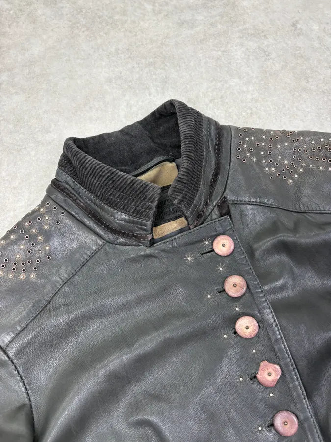 AW2003 Marithé + François Girbaud Black Buttoned Leather Biker Jacket dFSxiQV 4