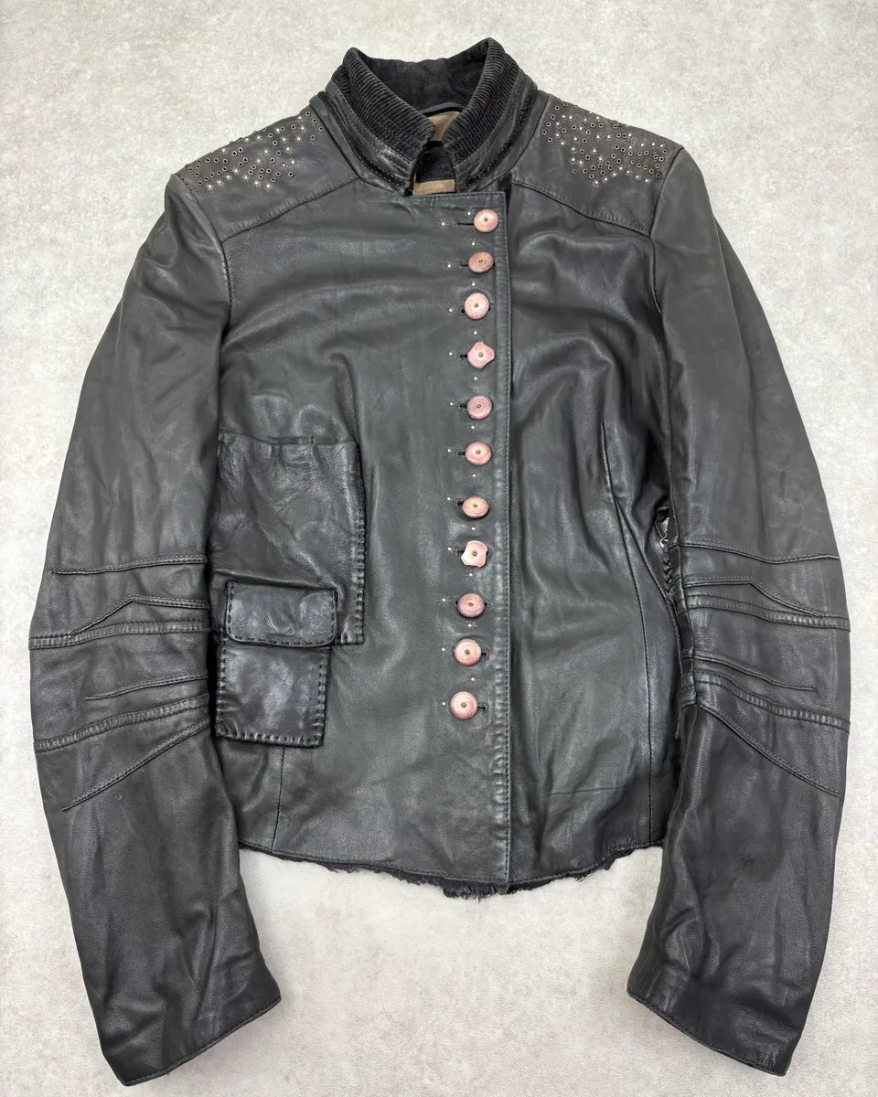 AW2003 Marithé + François Girbaud Black Buttoned Leather Biker Jacket dFSxiQV 0