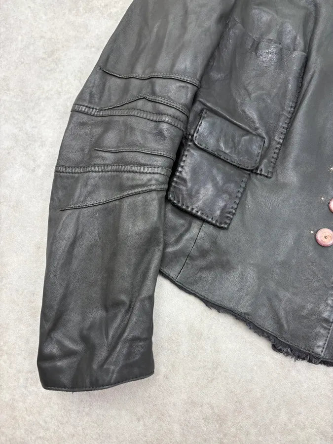 AW2003 Marithé + François Girbaud Black Buttoned Leather Biker Jacket dFSxiQV 7