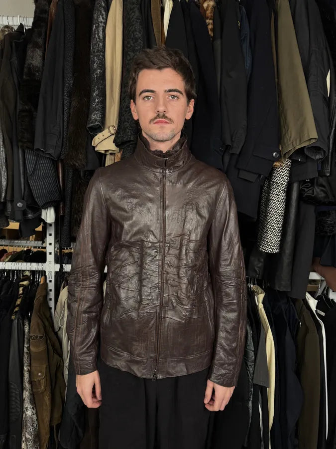 FW2002 Marithé + François Girbaud Brown Plissed Leather Jacket fgmJExJ 2