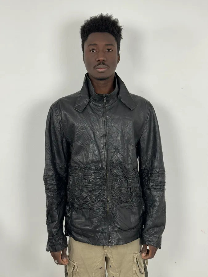 2000s Marithé + François Girbaud Black Plissed Zip-up Leather Jacket VcWlqsQ 1