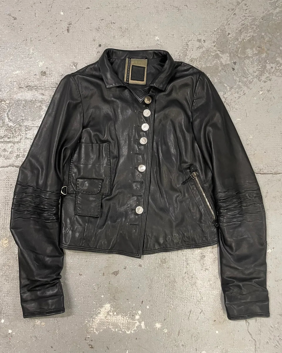 2000s Marithé + François Girbaud Black Shearling Buttoned Leather Jacket (XS) 0
