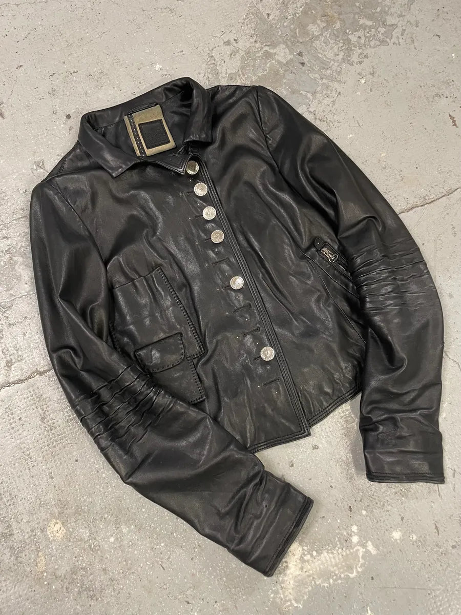 2000s Marithé + François Girbaud Black Shearling Buttoned Leather Jacket (XS) 1