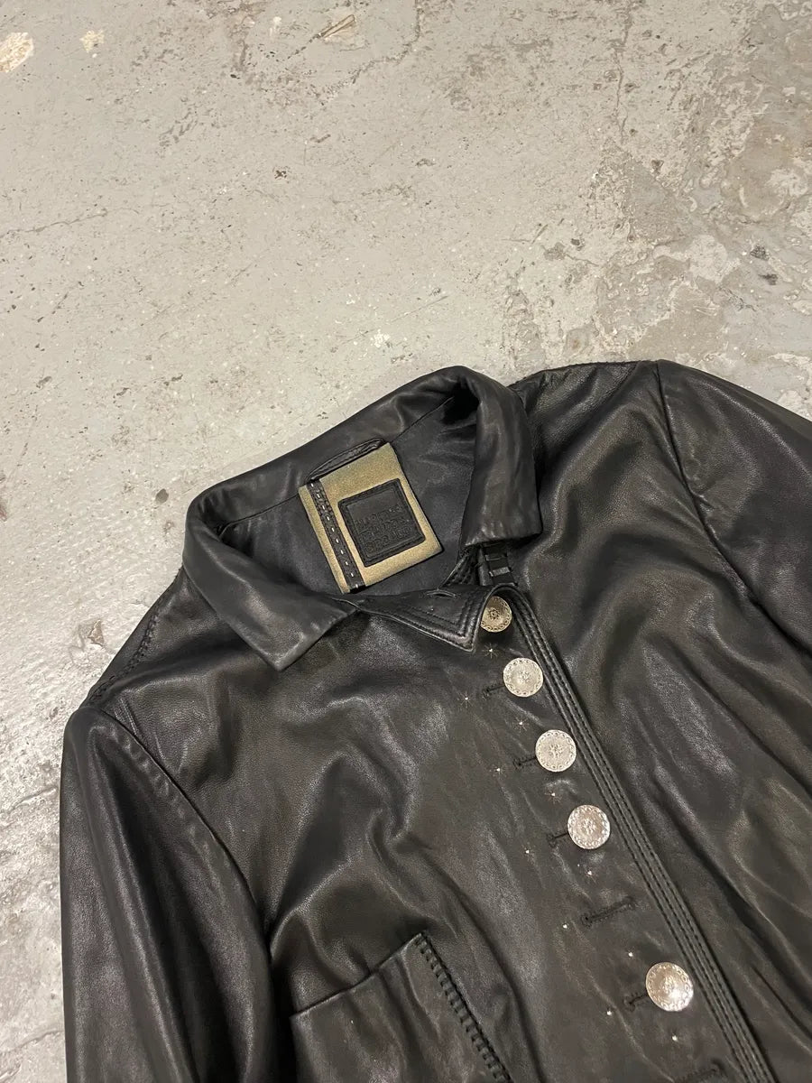 2000s Marithé + François Girbaud Black Shearling Buttoned Leather Jacket (XS) 2