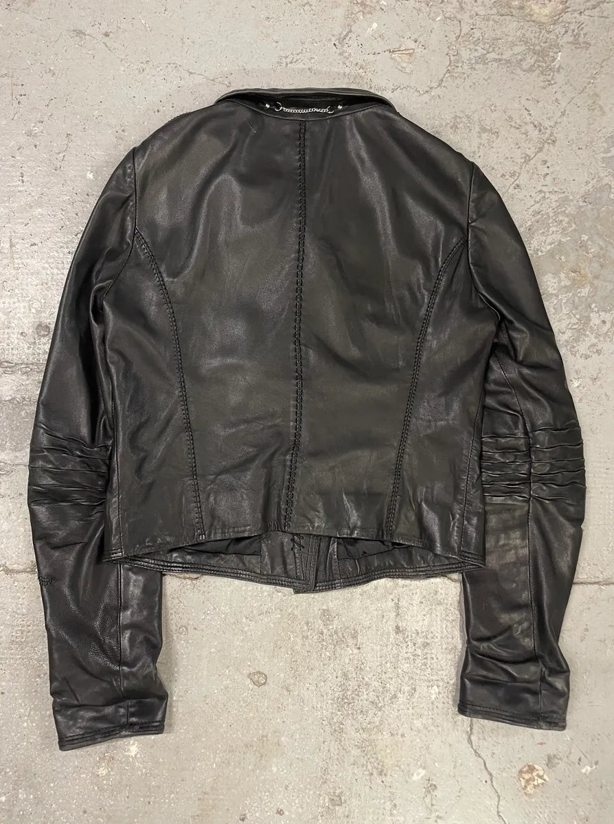 2000s Marithé + François Girbaud Black Shearling Buttoned Leather Jacket (XS) 3