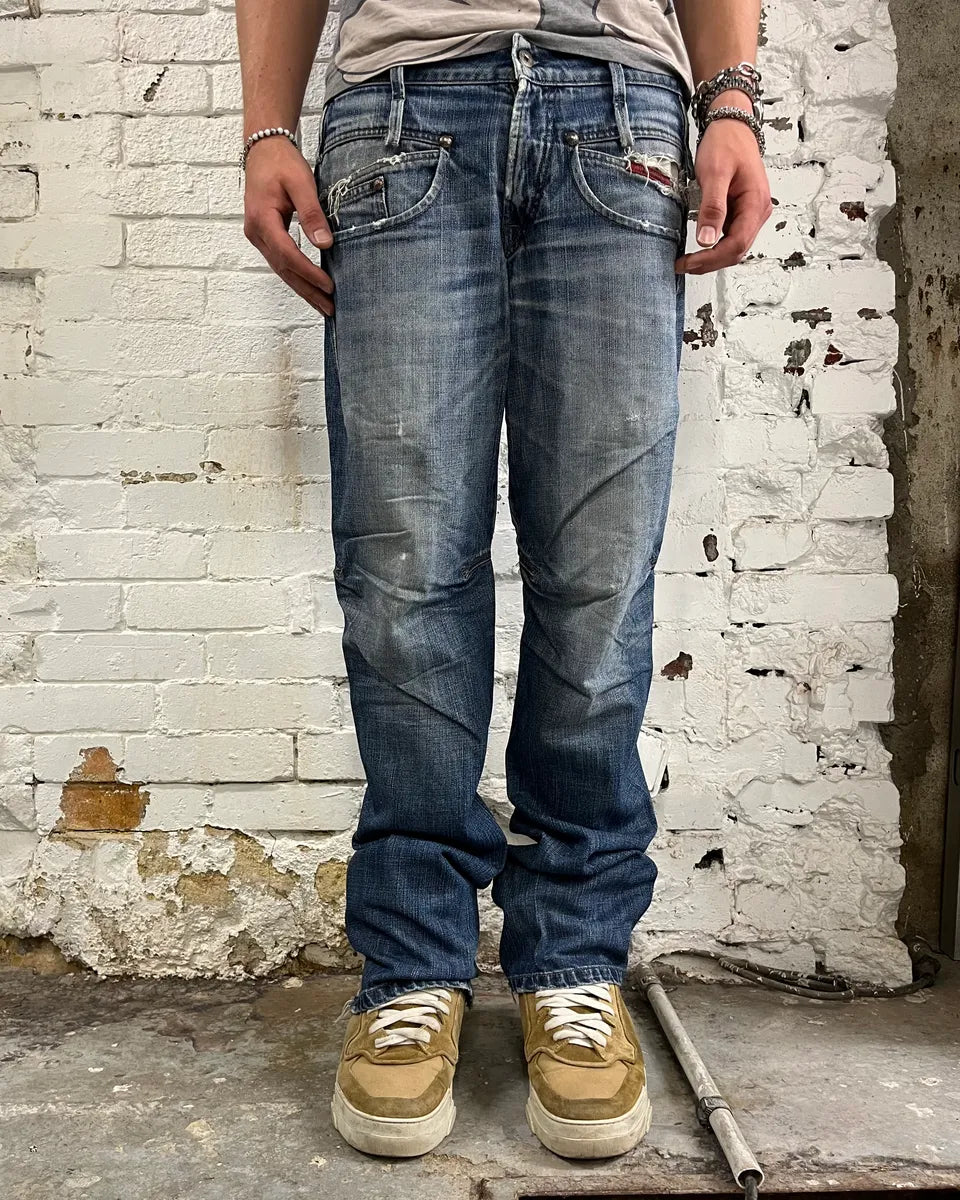 2000s Marithé + François Girbaud Blue Denim Distressed Bootcut Jeans RGRljgK 0