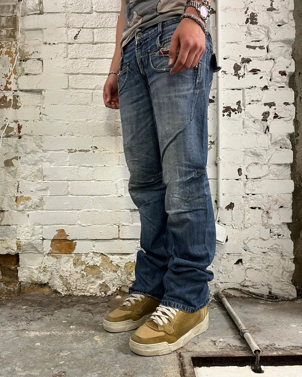 2000s Marithé + François Girbaud Blue Denim Distressed Bootcut Jeans RGRljgK 1