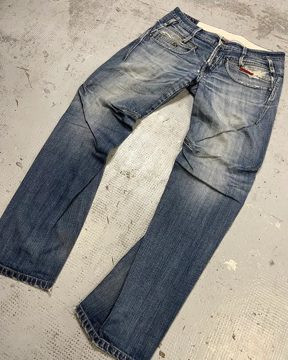 2000s Marithé + François Girbaud Blue Denim Distressed Bootcut Jeans RGRljgK 5