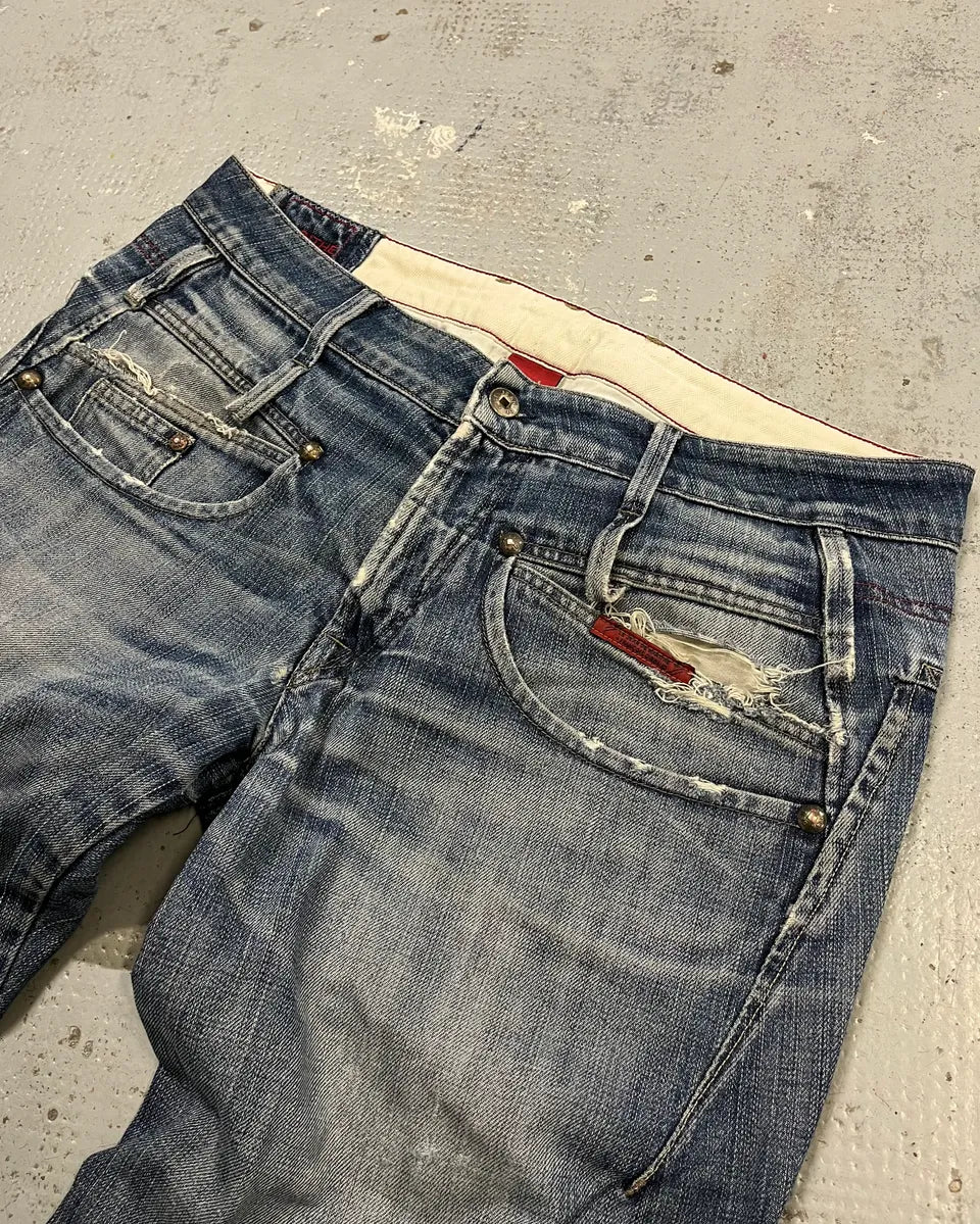 2000s Marithé + François Girbaud Blue Denim Distressed Bootcut Jeans RGRljgK 6