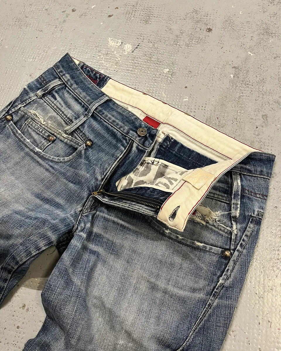 2000s Marithé + François Girbaud Blue Denim Distressed Bootcut Jeans RGRljgK 7