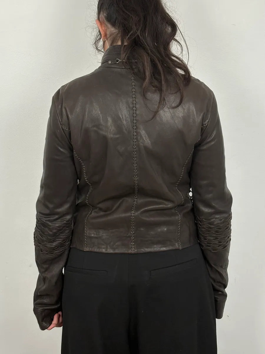 SS2003 Marithé + François Girbaud Brown Asymmetrical Buttoned Leather Jacket vchgHeh 1
