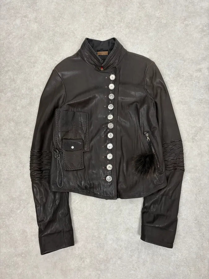 SS2003 Marithé + François Girbaud Brown Asymmetrical Buttoned Leather Jacket vchgHeh 2