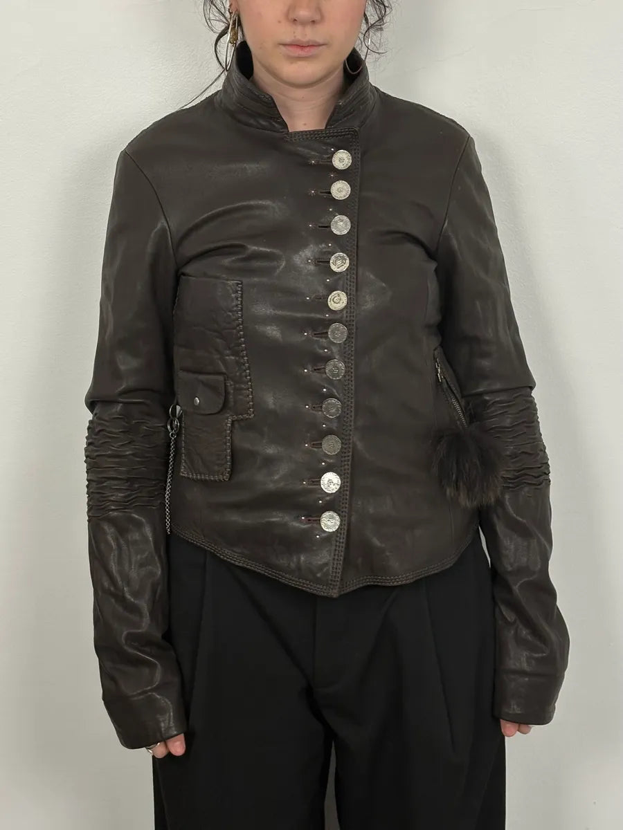 SS2003 Marithé + François Girbaud Brown Asymmetrical Buttoned Leather Jacket vchgHeh 0