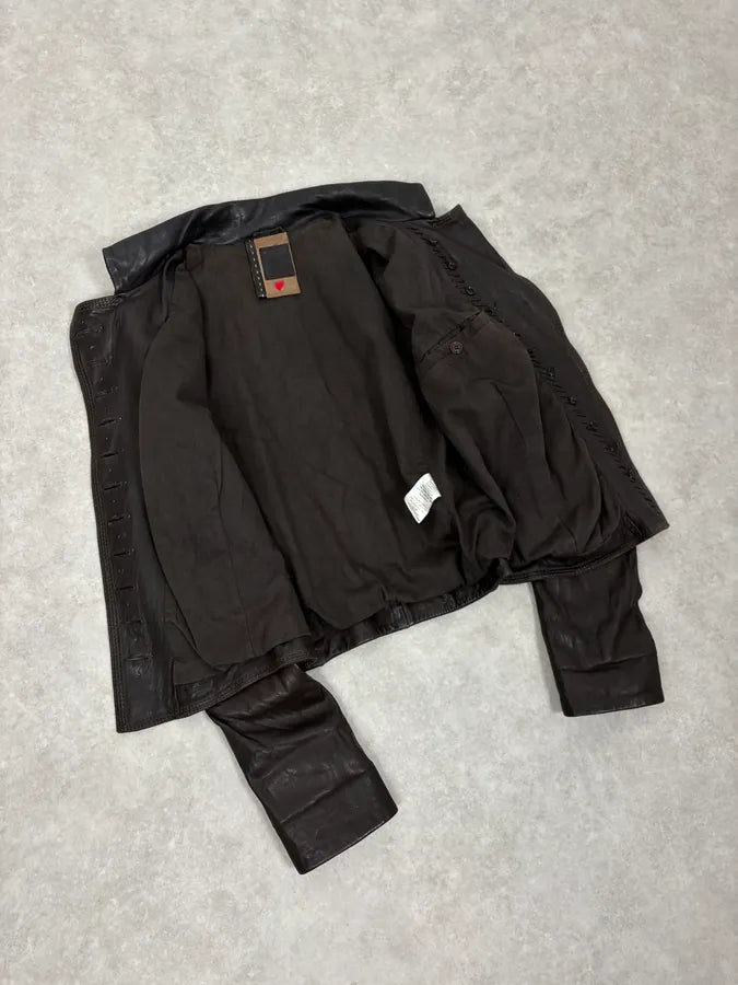 SS2003 Marithé + François Girbaud Brown Asymmetrical Buttoned Leather Jacket vchgHeh 6