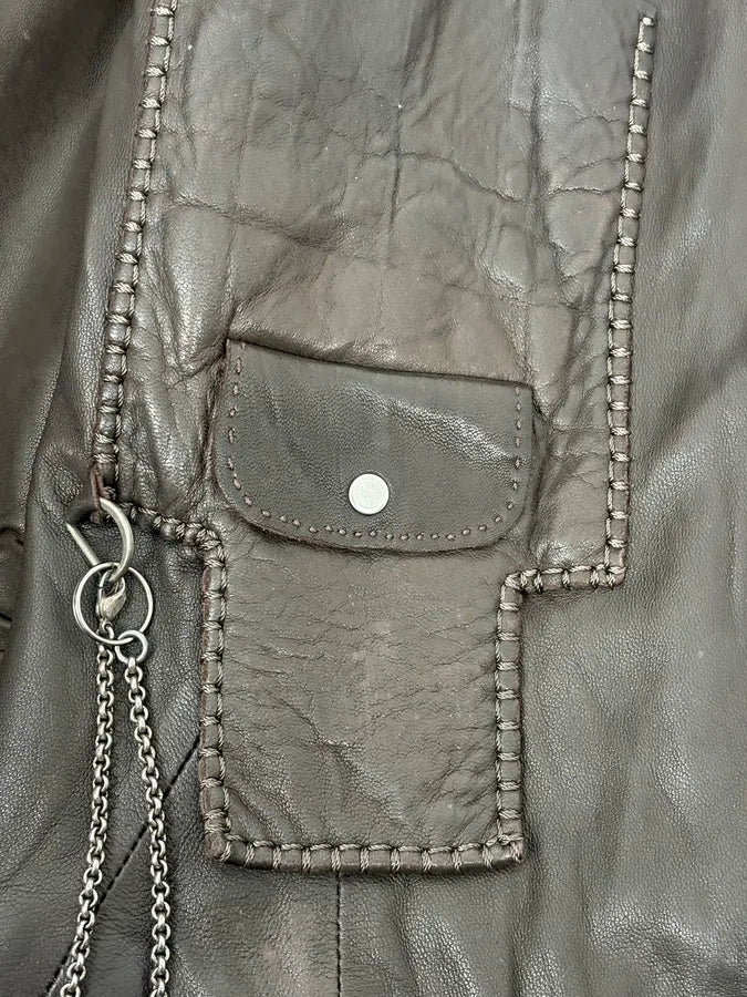 SS2003 Marithé + François Girbaud Brown Asymmetrical Buttoned Leather Jacket vchgHeh 9