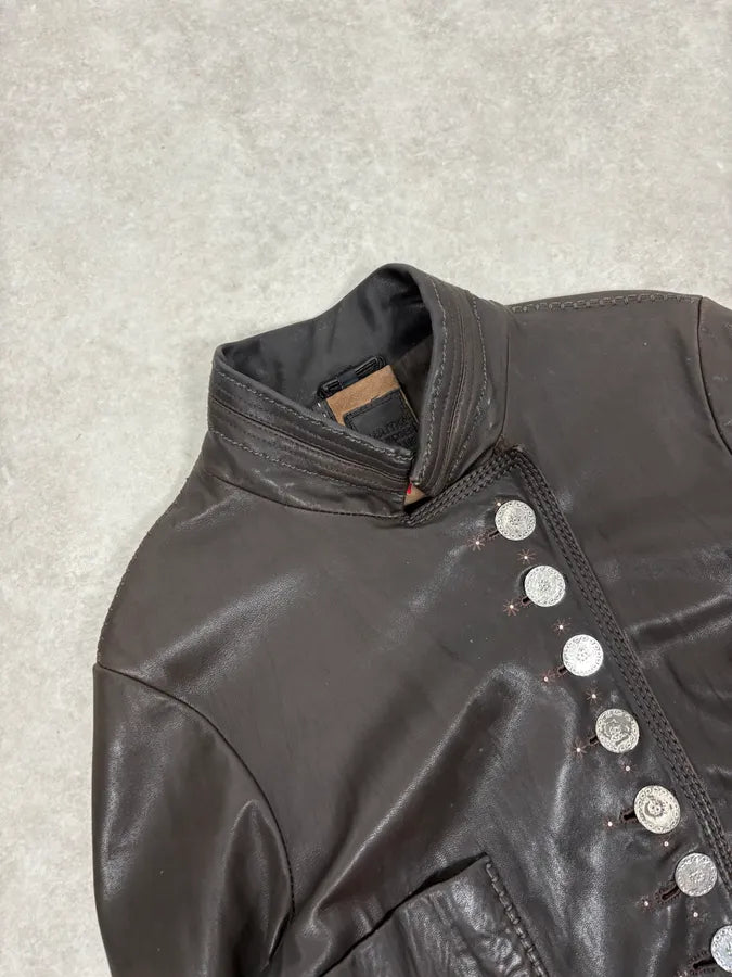 SS2003 Marithé + François Girbaud Brown Asymmetrical Buttoned Leather Jacket vchgHeh 4
