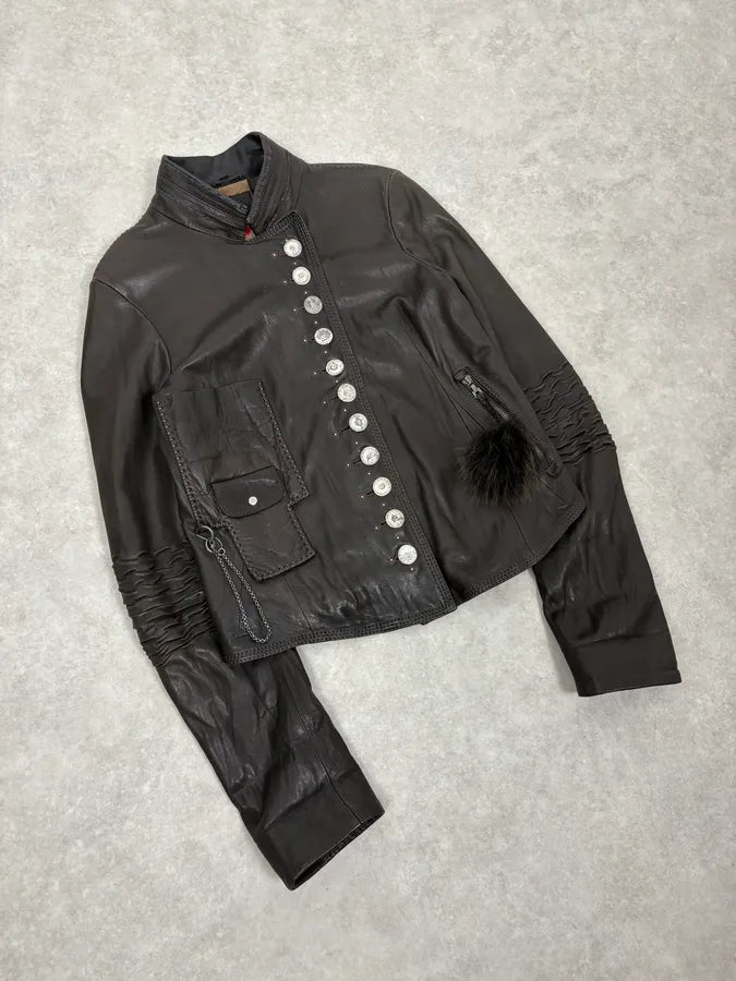 SS2003 Marithé + François Girbaud Brown Asymmetrical Buttoned Leather Jacket vchgHeh 3