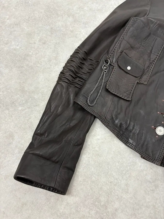 SS2003 Marithé + François Girbaud Brown Asymmetrical Buttoned Leather Jacket vchgHeh 7