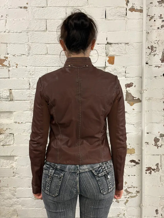 2000s Marithé + François Girbaud Brown Asymmetrical Leather Jacket HGINIRJ 2
