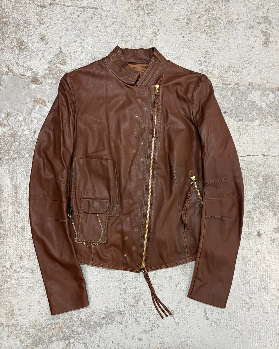 2000s Marithé + François Girbaud Brown Asymmetrical Leather Jacket HGINIRJ 0