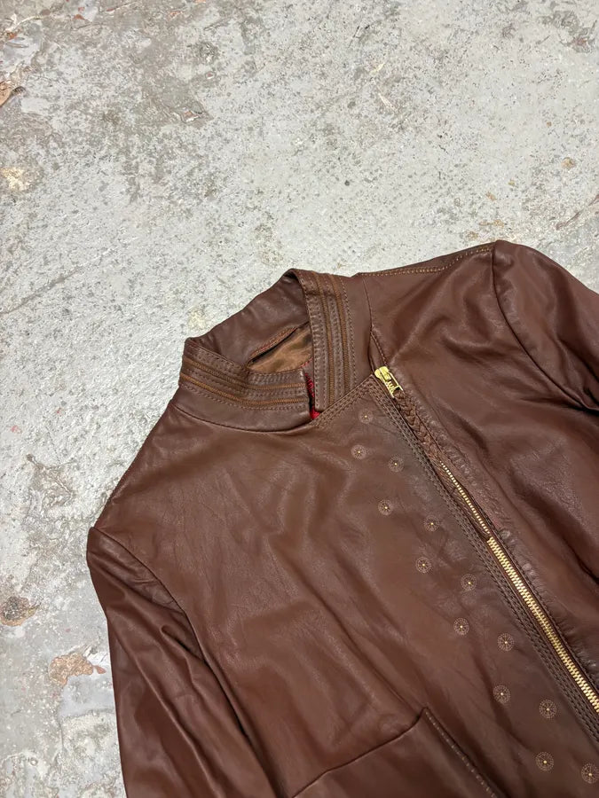 2000s Marithé + François Girbaud Brown Asymmetrical Leather Jacket HGINIRJ 4