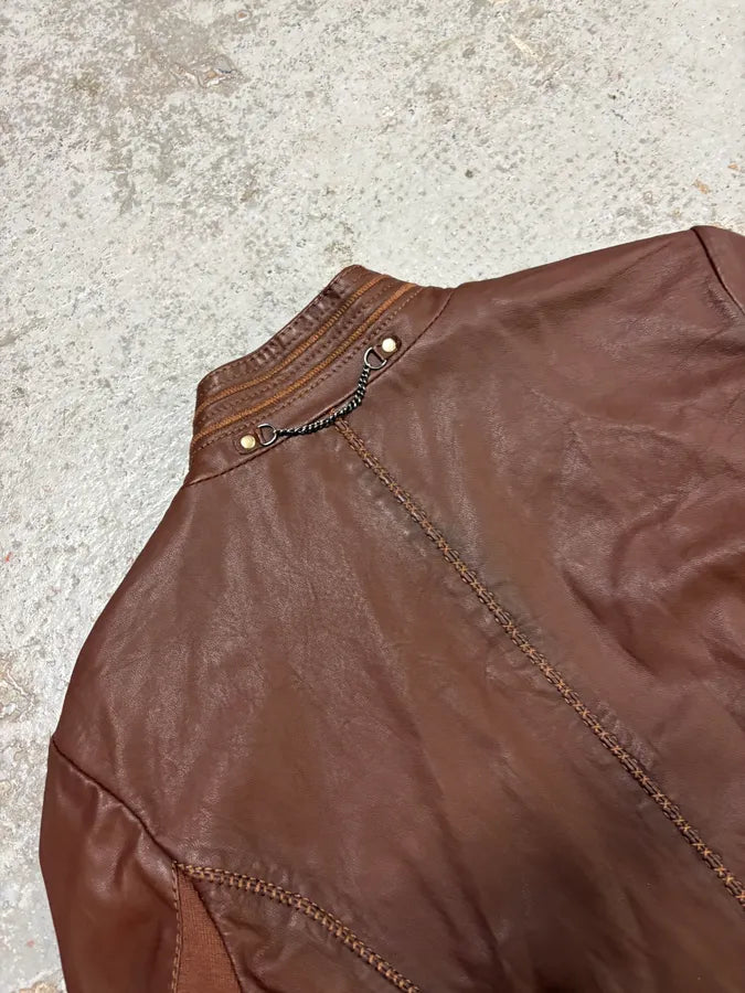 2000s Marithé + François Girbaud Brown Asymmetrical Leather Jacket HGINIRJ 8