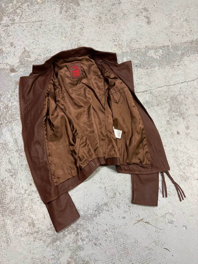 2000s Marithé + François Girbaud Brown Asymmetrical Leather Jacket HGINIRJ 6