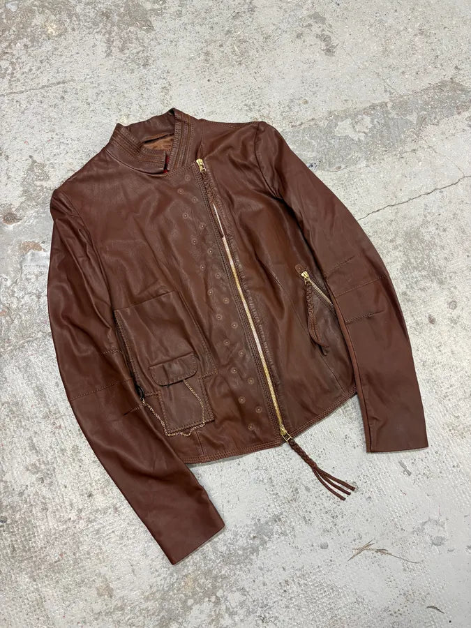 2000s Marithé + François Girbaud Brown Asymmetrical Leather Jacket HGINIRJ 3
