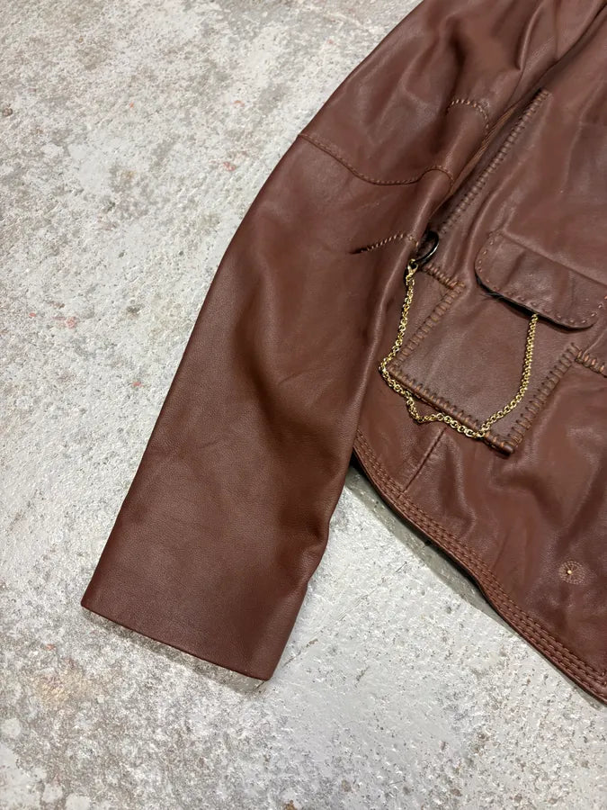 2000s Marithé + François Girbaud Brown Asymmetrical Leather Jacket HGINIRJ 7