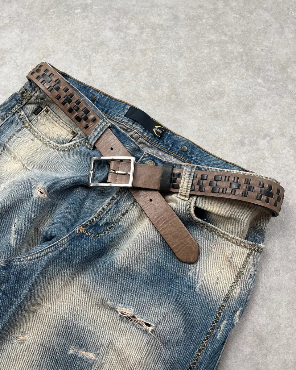 2000s Marithé + François Girbaud Brown Leather Crosshatch Belt cviMkyA 2