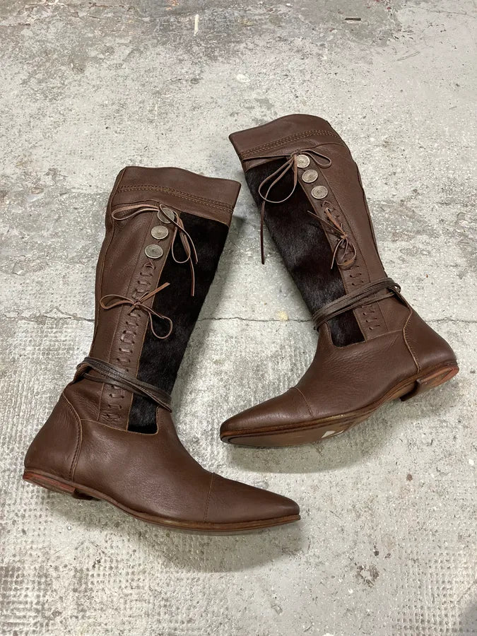 2000s Marithé + François Girbaud Brown Pony Hair Buttoned Leather Boots (40eu/us7) gNmhrbQ 2