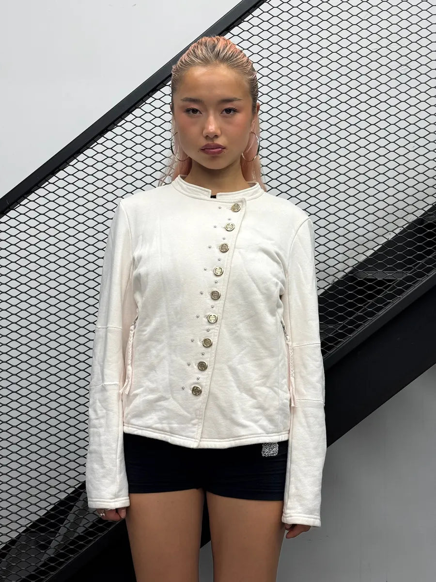2000s Marithé + François Girbaud Cream Asymmetrical Buttoned Cardigan Jacket TDhZPDl 0