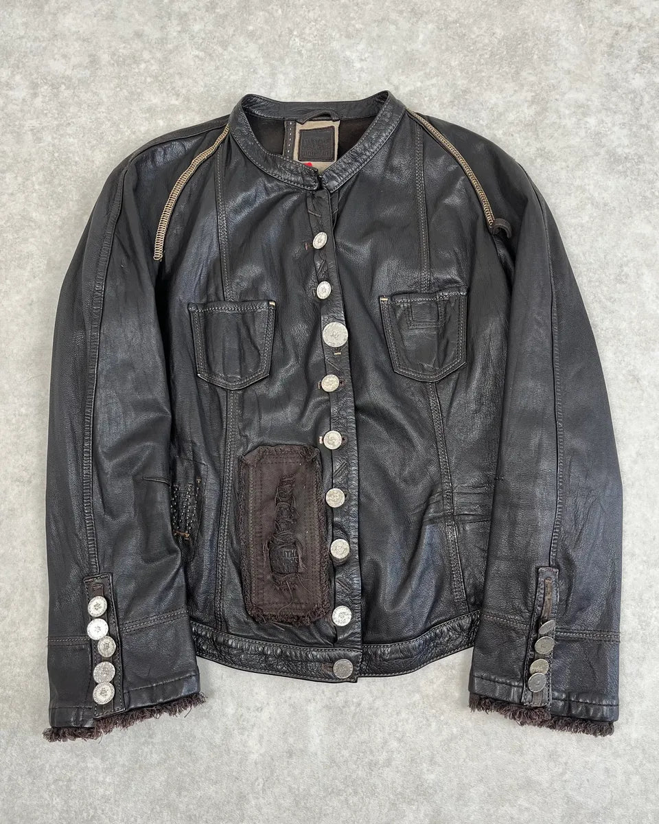 2000s Marithé + François Girbaud Dark Brown Signature Buttoned Leather Jacket MDmUxGK 0