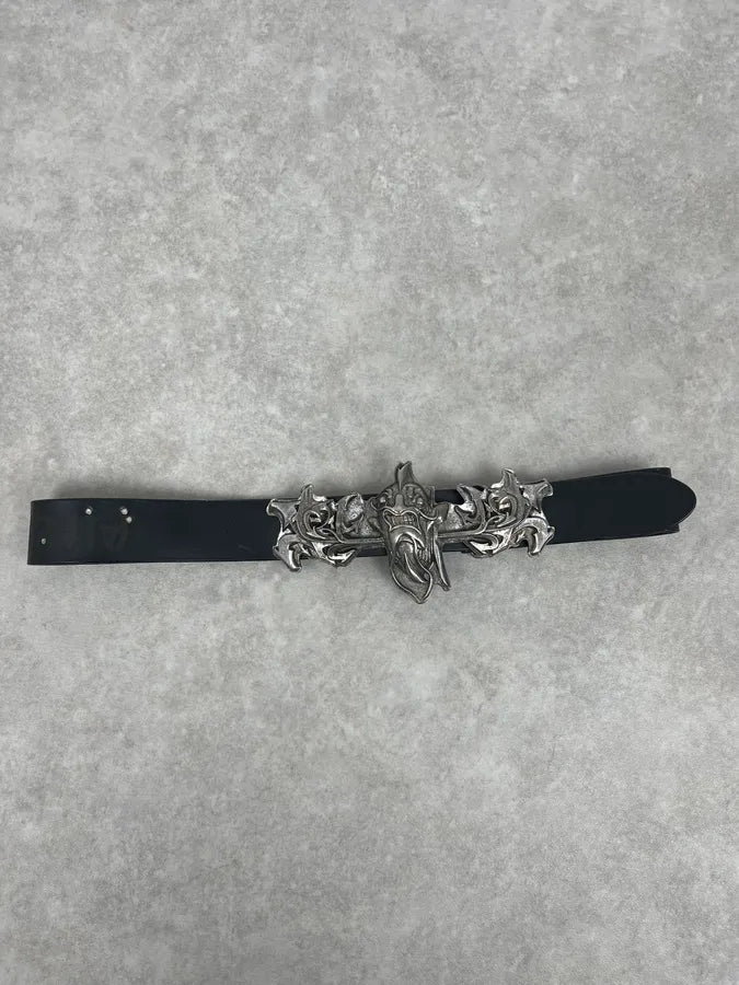 2000s Marithé + François Girbaud Devil Buckle Studded Black Leather Belt aJsWhGE 3