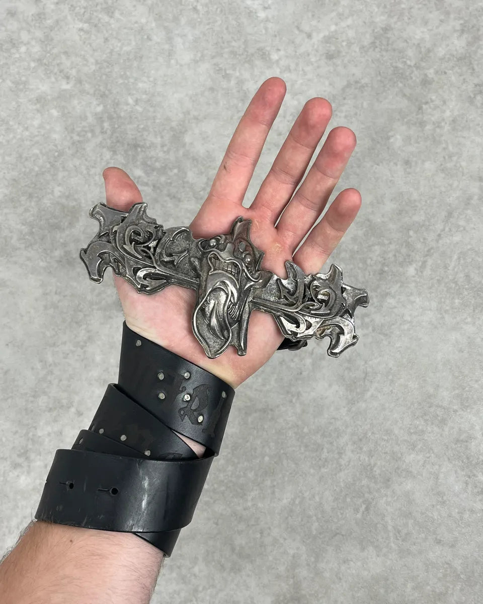 2000s Marithé + François Girbaud Devil Buckle Studded Black Leather Belt aJsWhGE 0