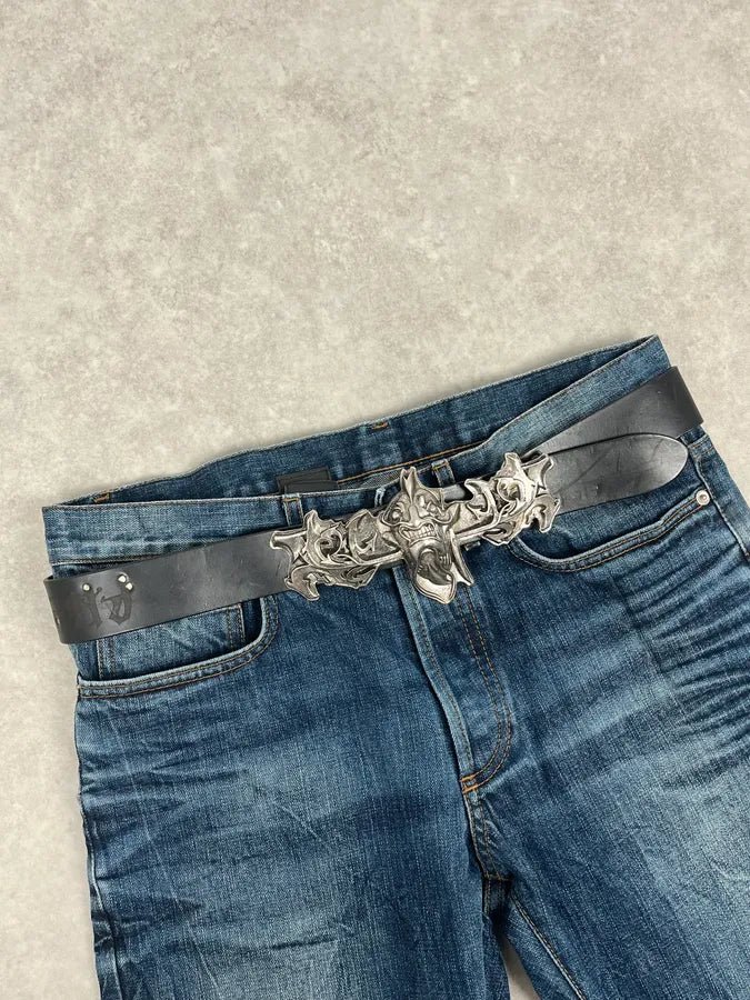 2000s Marithé + François Girbaud Devil Buckle Studded Black Leather Belt aJsWhGE 1