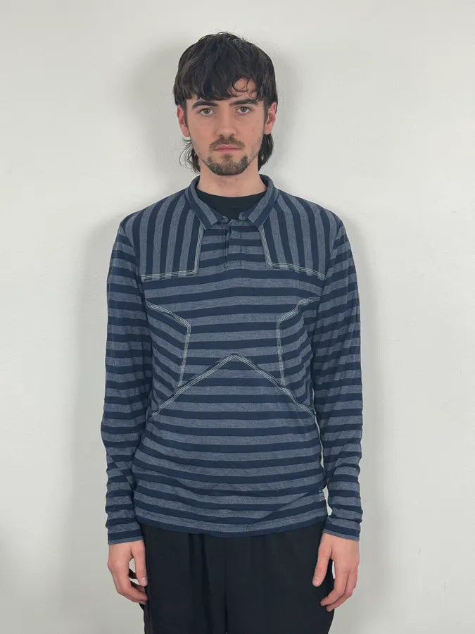 2000s Marithé + François Girbaud Grey & Navy Striped Longsleeves Polo sCQeDbs 1