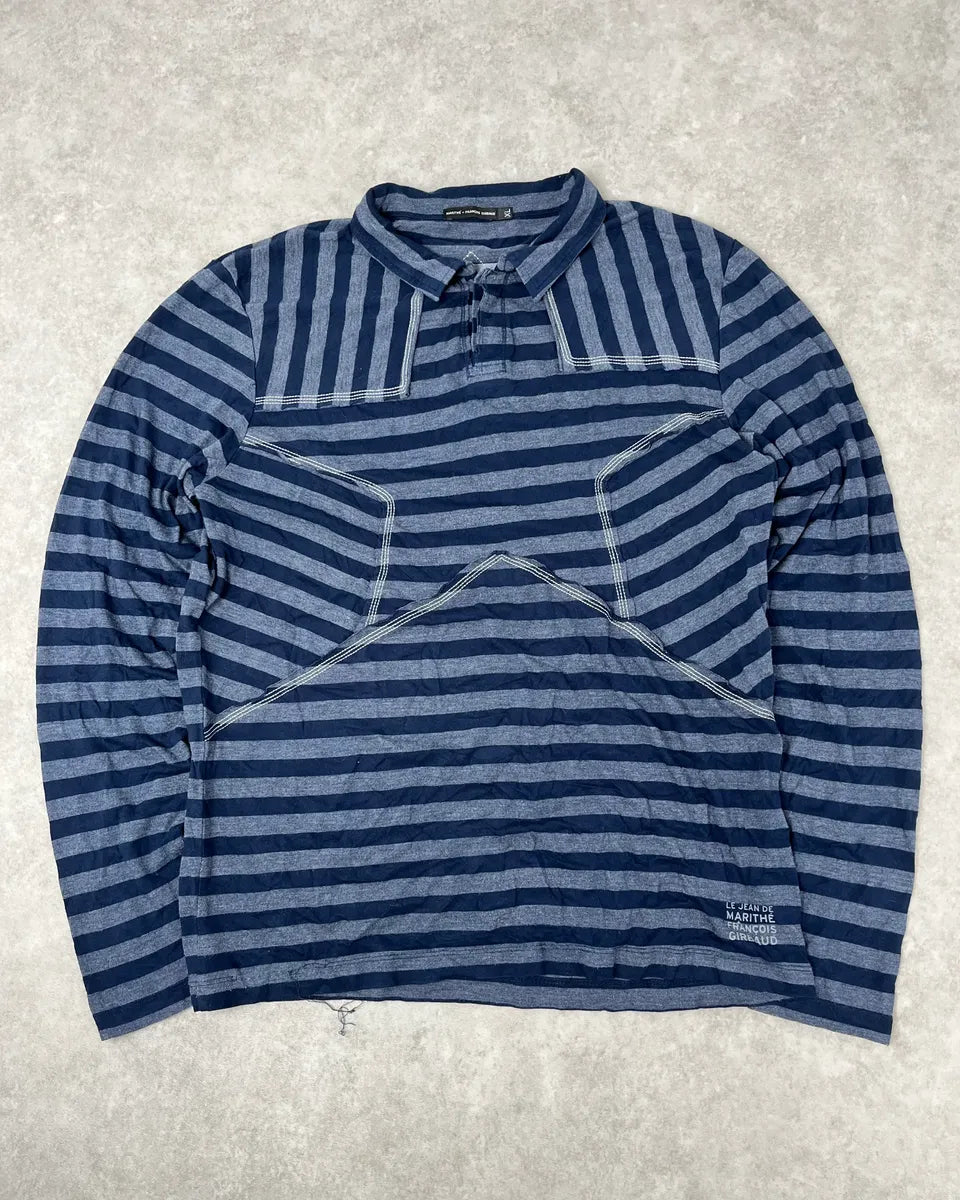 2000s Marithé + François Girbaud Grey & Navy Striped Longsleeves Polo sCQeDbs 0