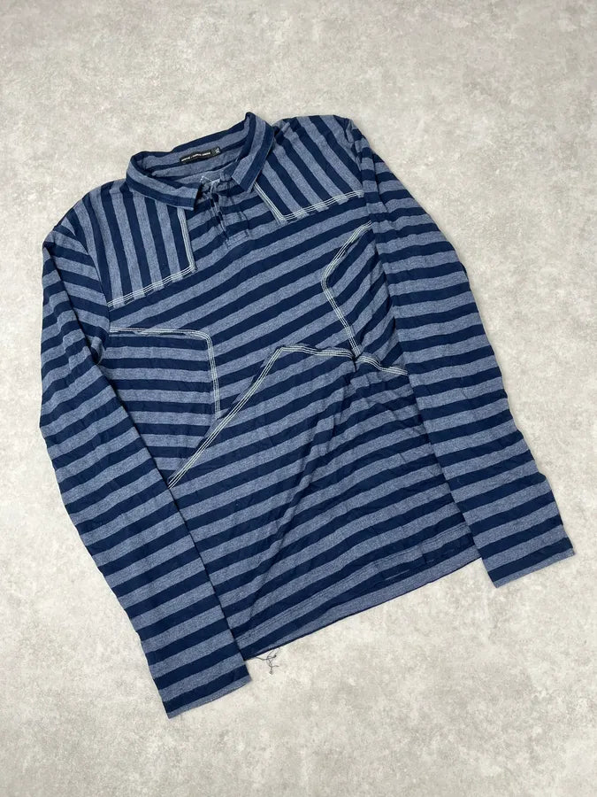 2000s Marithé + François Girbaud Grey & Navy Striped Longsleeves Polo sCQeDbs 3