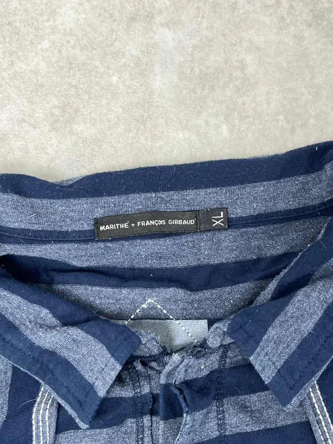 2000s Marithé + François Girbaud Grey & Navy Striped Longsleeves Polo sCQeDbs 8