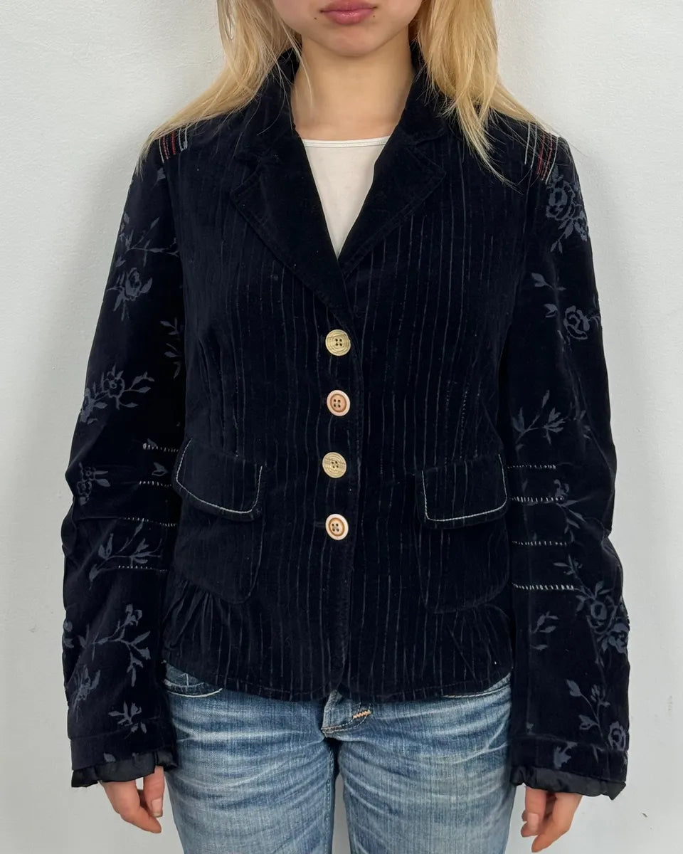 2000s Marithé + François Girbaud Navy Flowers Velvet Buttoned Jacket SPFjzoi 1