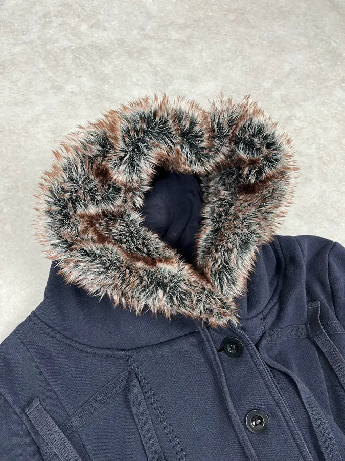 2000s Marithé + François Girbaud Navy Fur Hooded Cardigan Jacket PEdSVtq 4